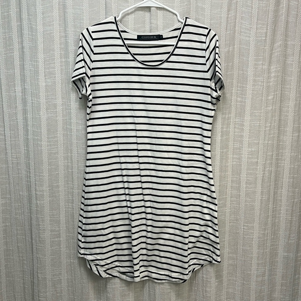 White/black striped t-shirt dress, size L (fits as medium).